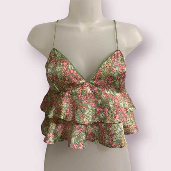 Dress Forum Tops - Floral Ruffle Peplum Cami Top Green Pink Adjustable Straps S